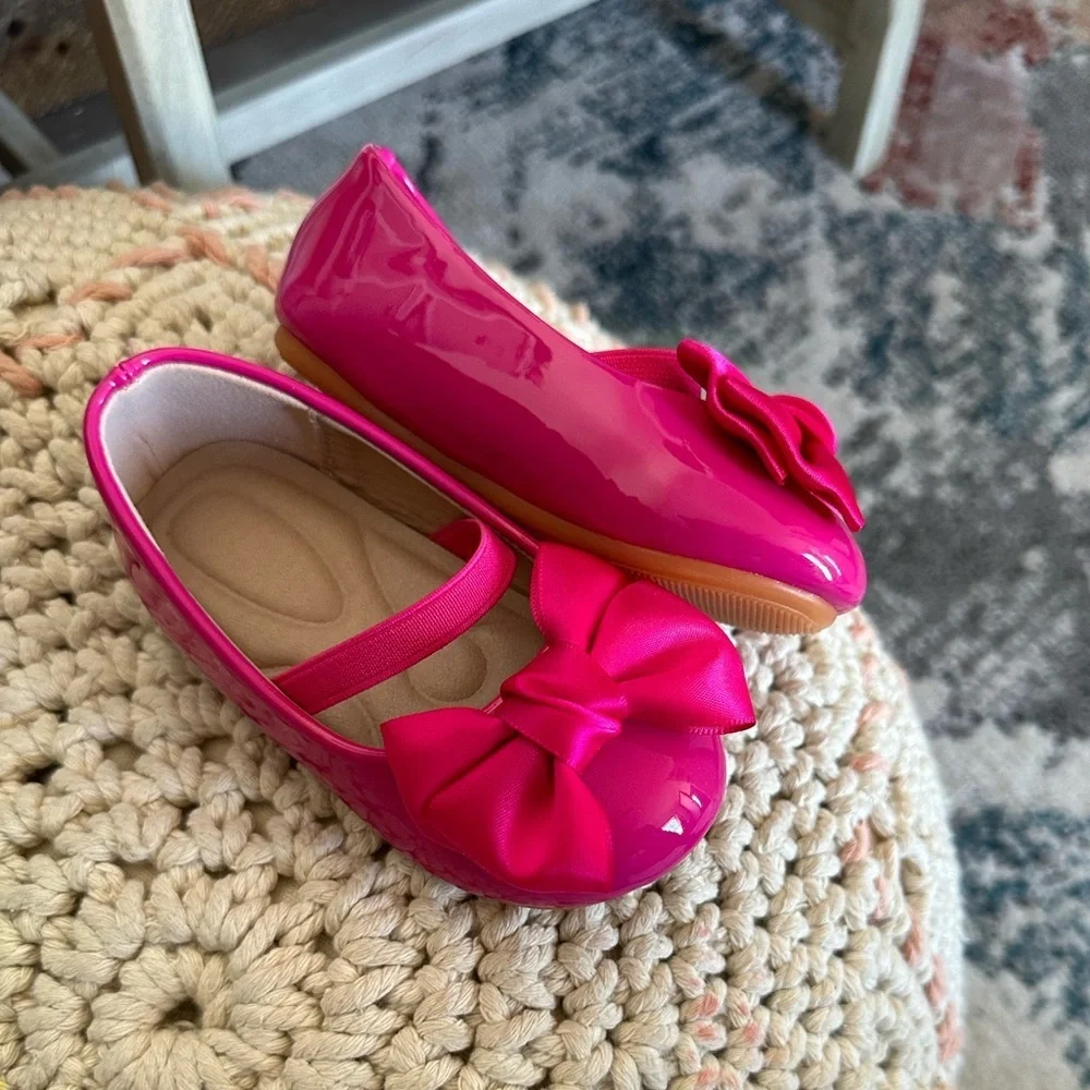 New Boutique Toddler Girl Dress Shoes Pink Bow Front Comfort Padding Size 6.5